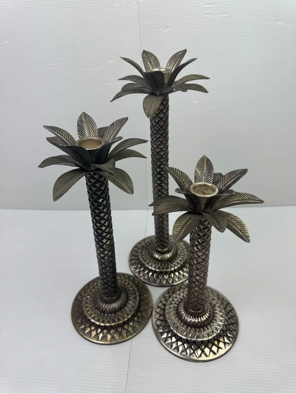 Vintage Silver Palm Tree Candlestick Holders – Tropical Coastal Decor Set